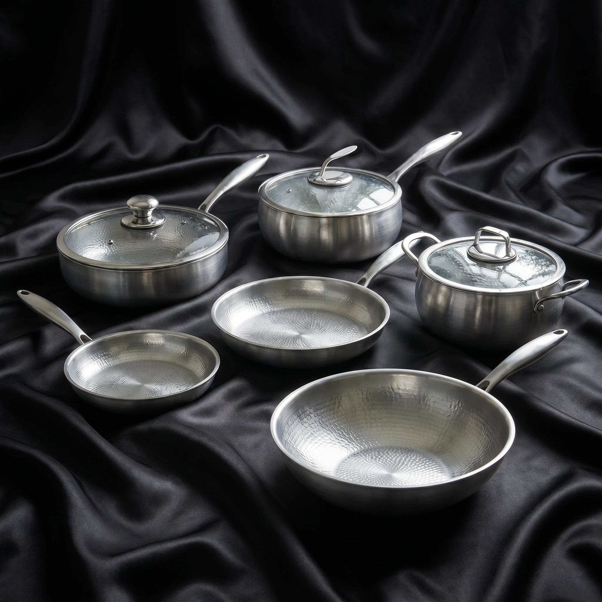 Hand-Hammered Titanium Complete Kitchen Set with 3 Lids (10, 11 & 12 Inch)
