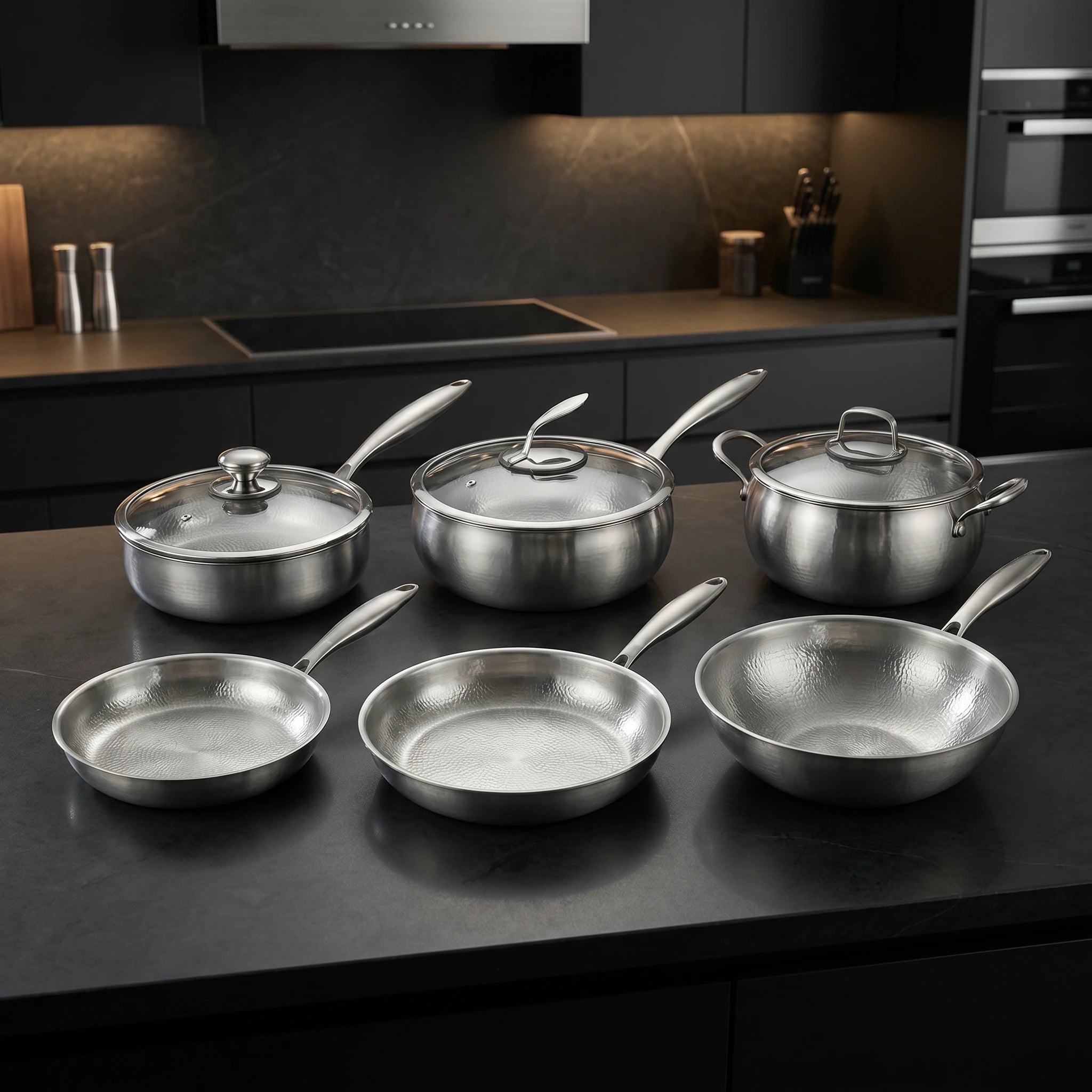 Hand-Hammered Titanium Complete Kitchen Set with 3 Lids (10, 11 & 12 Inch)