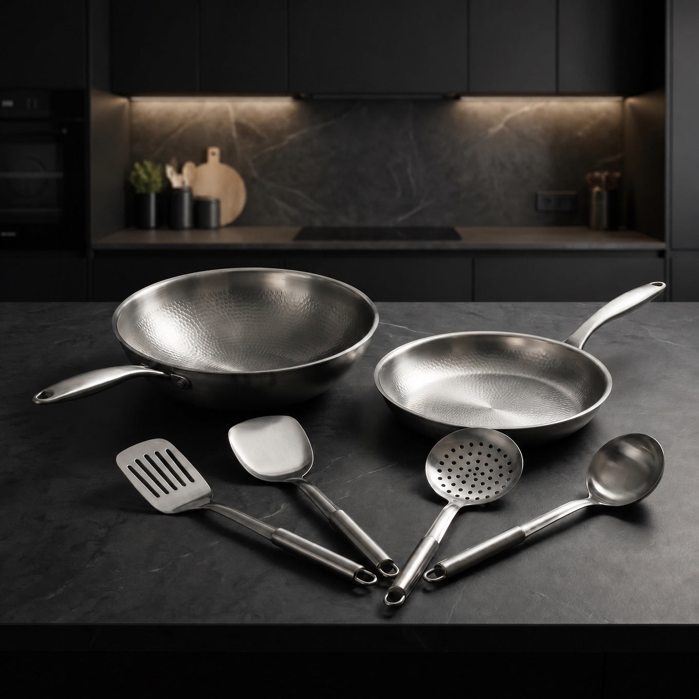 Hand-Hammered Titanium Wok & Fry Pan (10 Inch) with Utensils