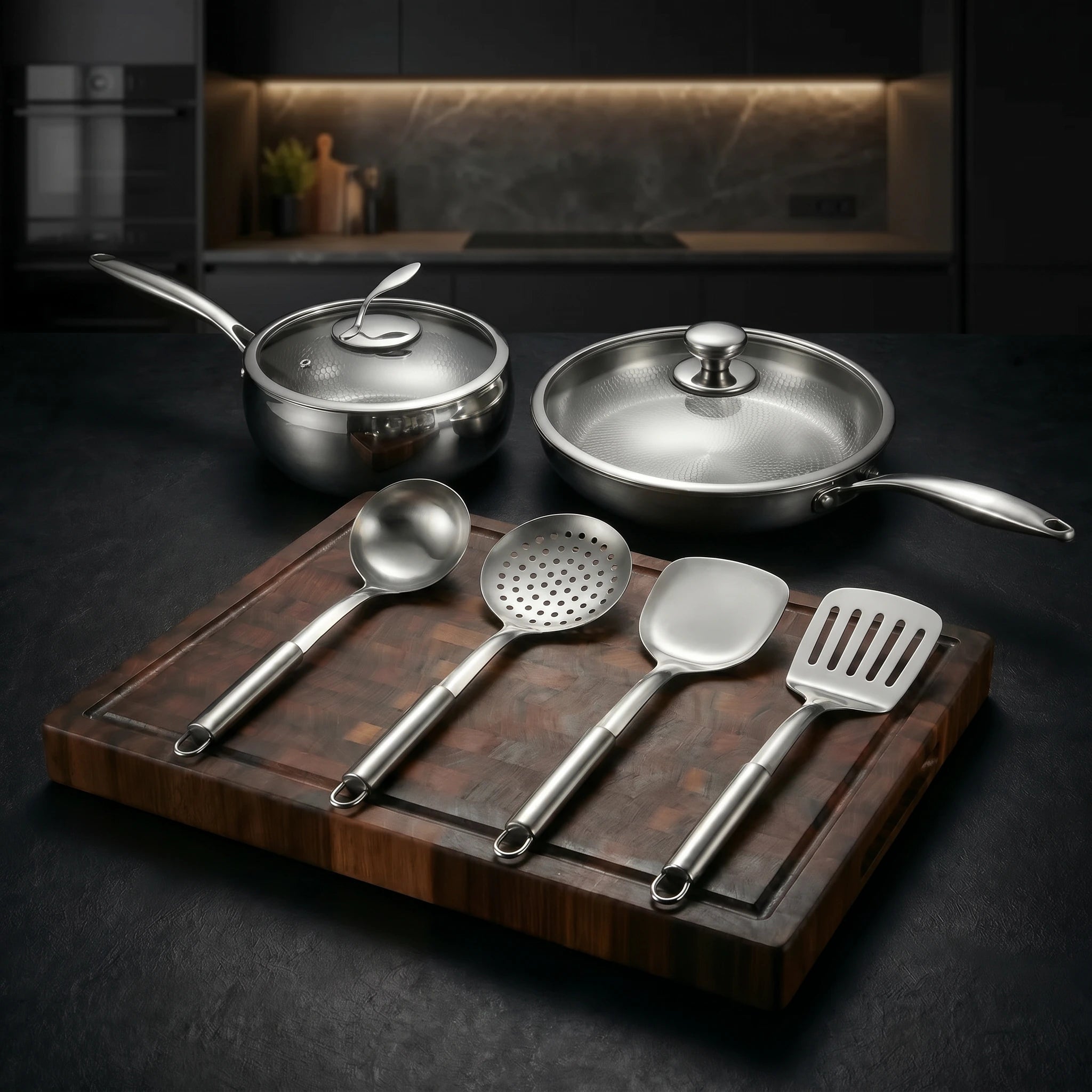Hand-Hammered Titanium Pan & Sauté Set with Walnut Board and Utensils
