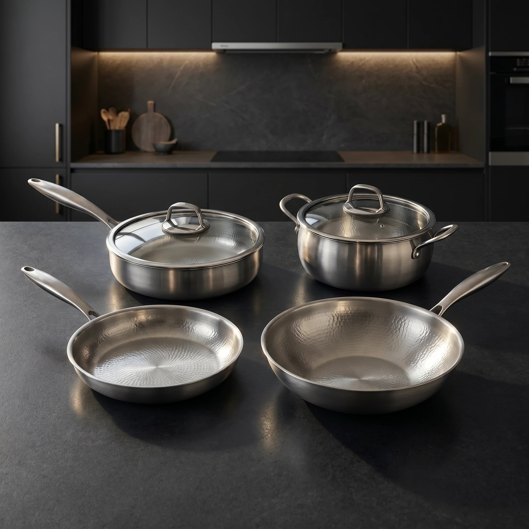 Hand-Hammered Titanium Essentials Kitchen Set with 2 Lids (10, 11 & 12 Inch)