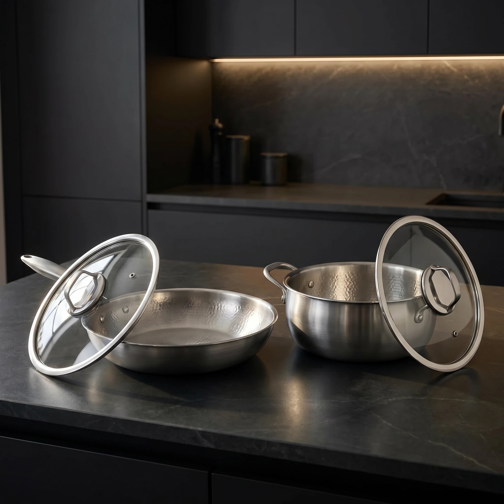 Hand-Hammered Titanium Essentials Kitchen Set with 2 Lids (10, 11 & 12 Inch)