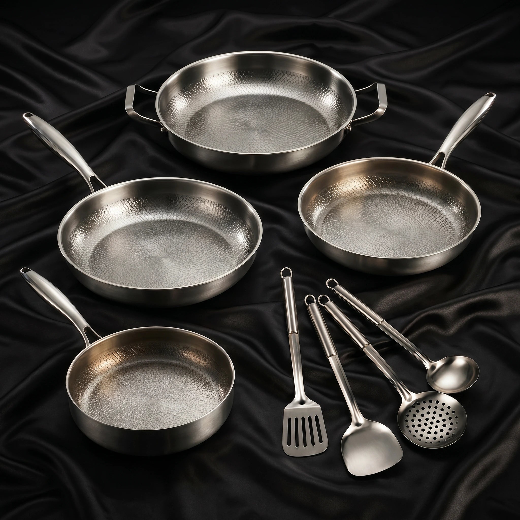 Hand-Hammered Titanium Family Set: 4 Pans & Utensils