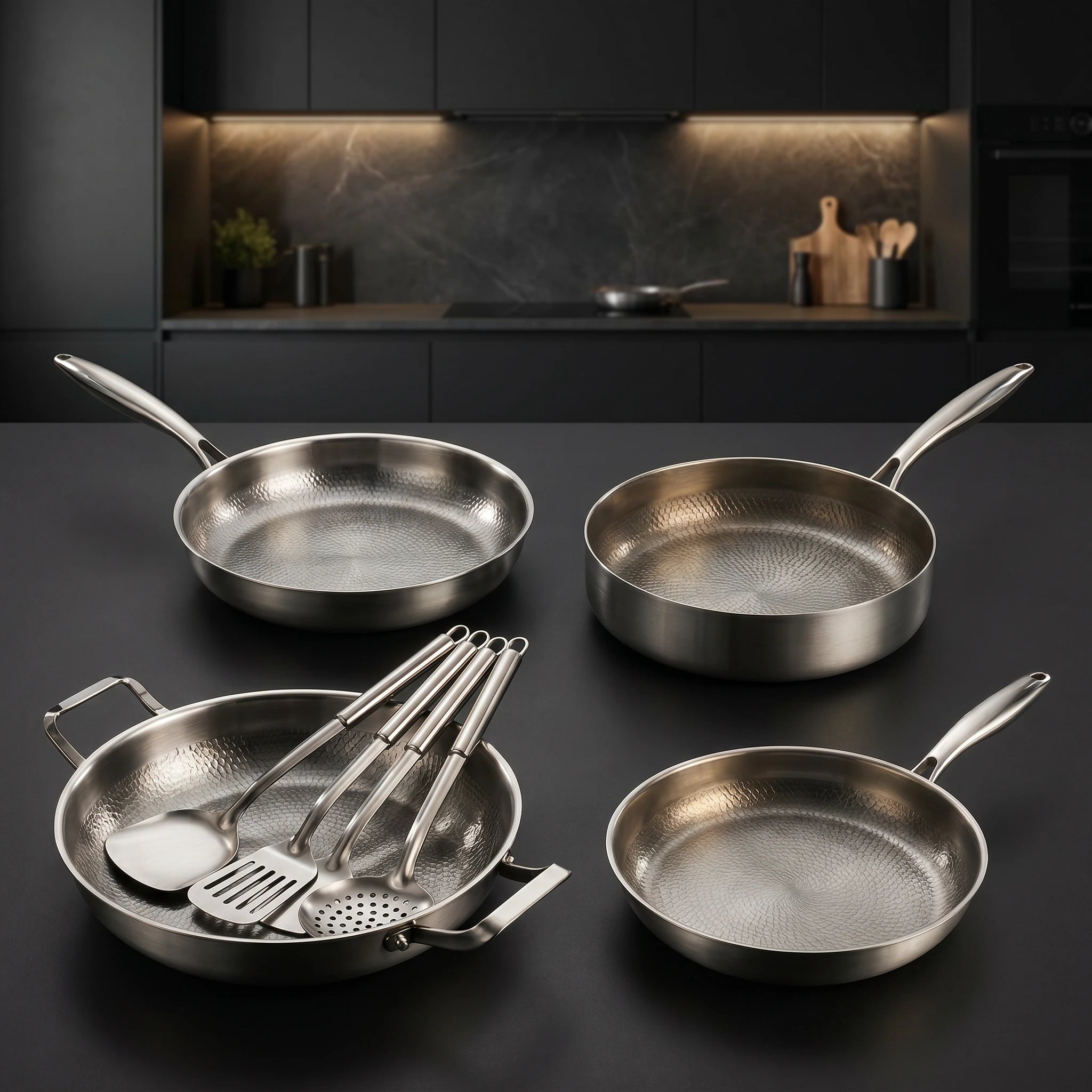 Hand-Hammered Titanium Family Set: 4 Pans & Utensils