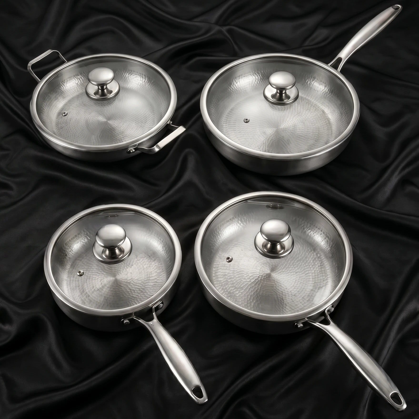 Hand-Hammered Titanium Family Set: 4 Pans & Utensils