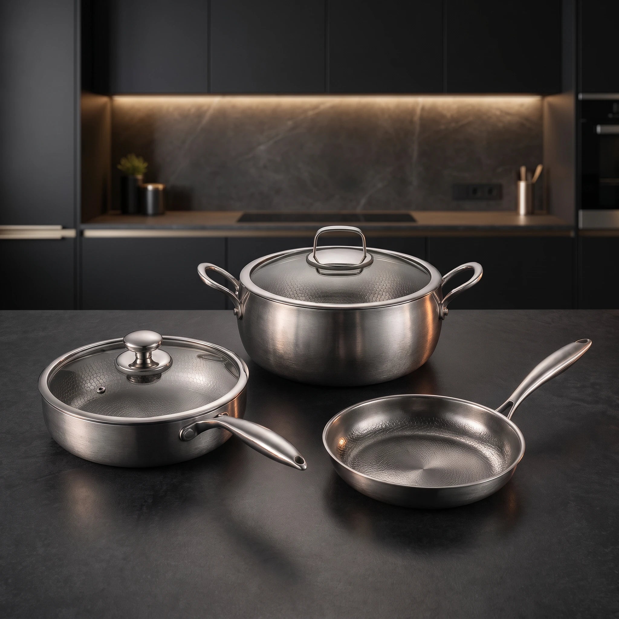 Hand-Hammered Titanium Premium Cooking Set with 2 Lids (8, 9 & 10 Inch)