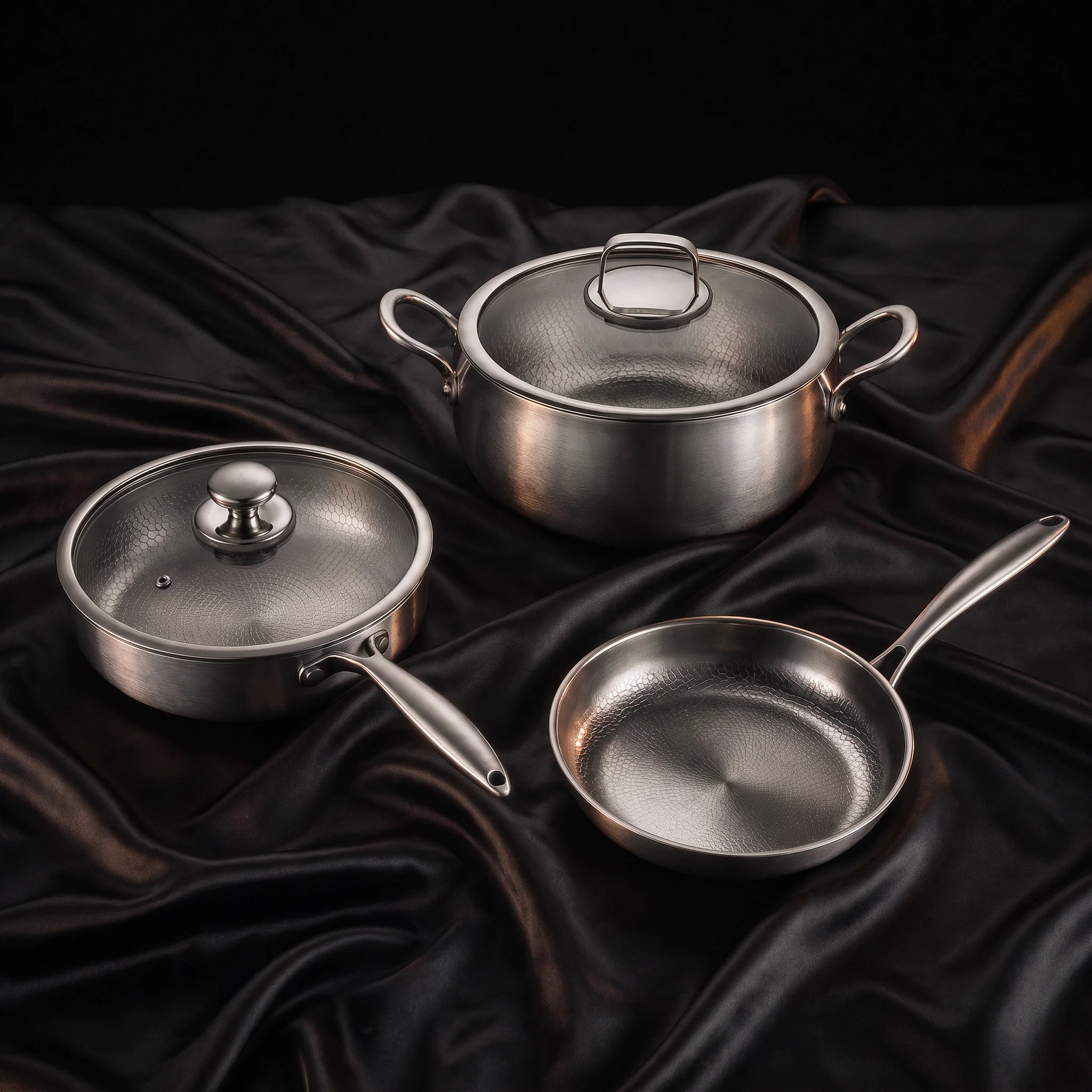 Hand-Hammered Titanium Premium Cooking Set with 2 Lids (8, 9 & 10 Inch)