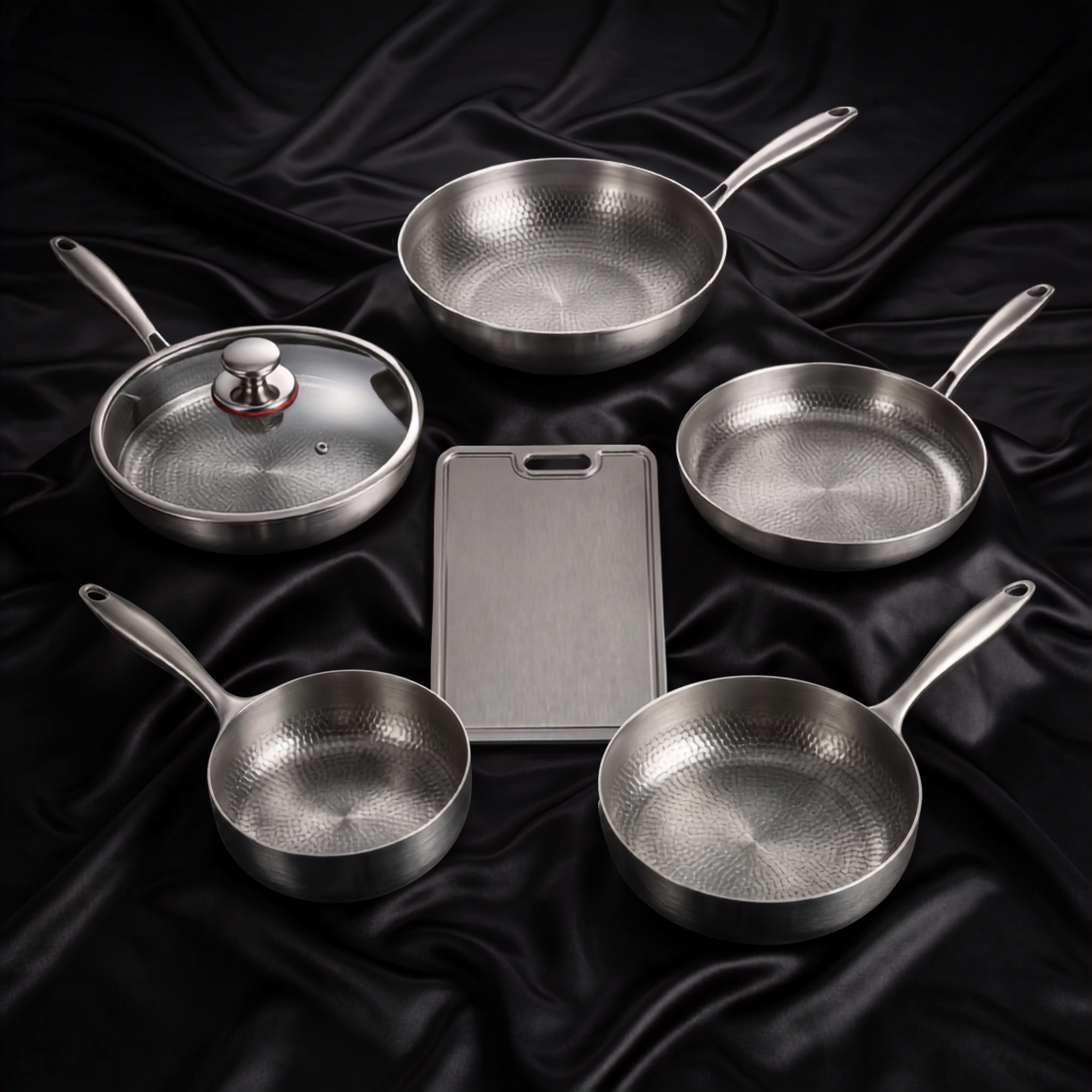 Hand-Hammered Titanium Multi-Pan Cook Set with Cutting Board (5 Pans, 8–10 Inch)