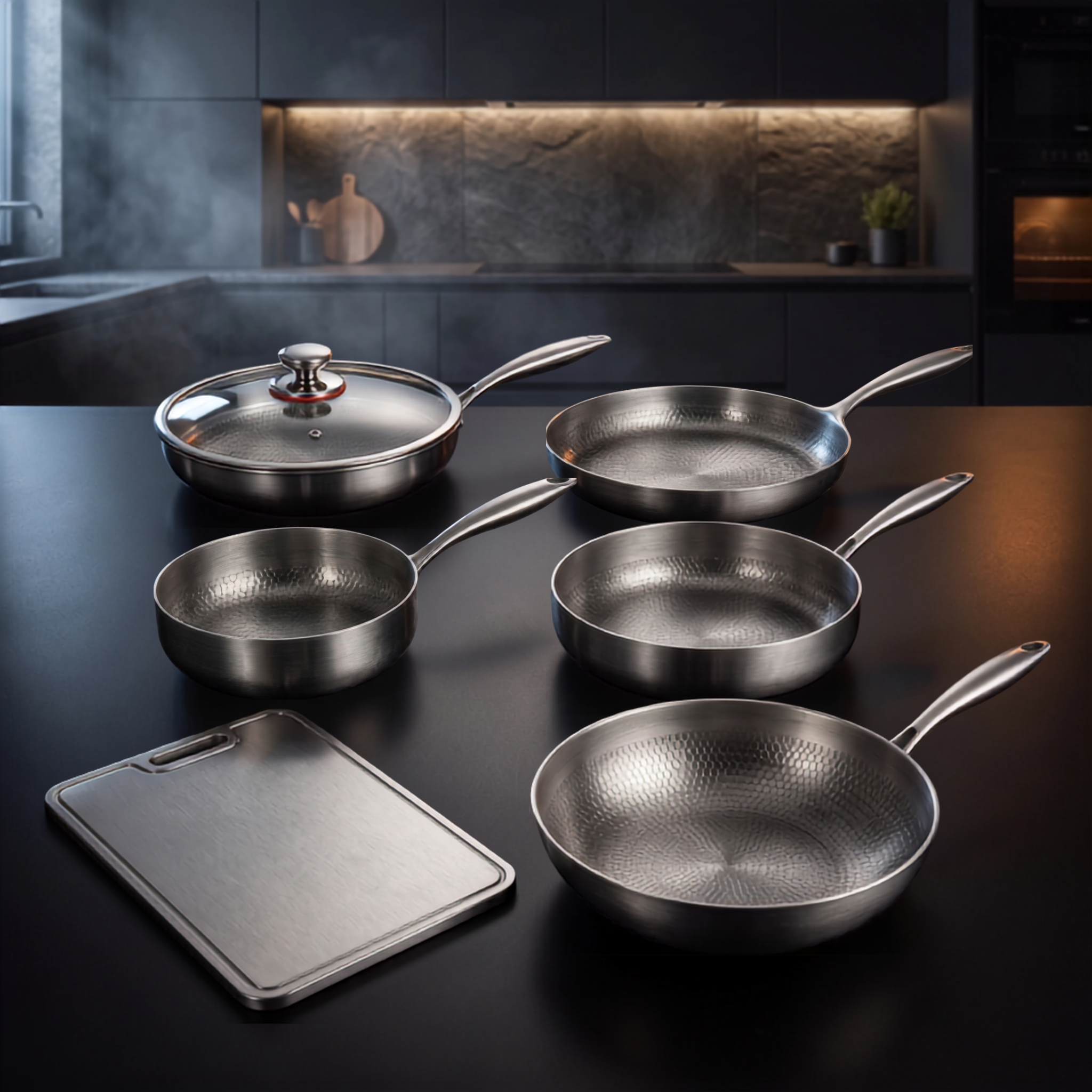 Hand-Hammered Titanium Multi-Pan Cook Set with Cutting Board (5 Pans, 8–10 Inch)