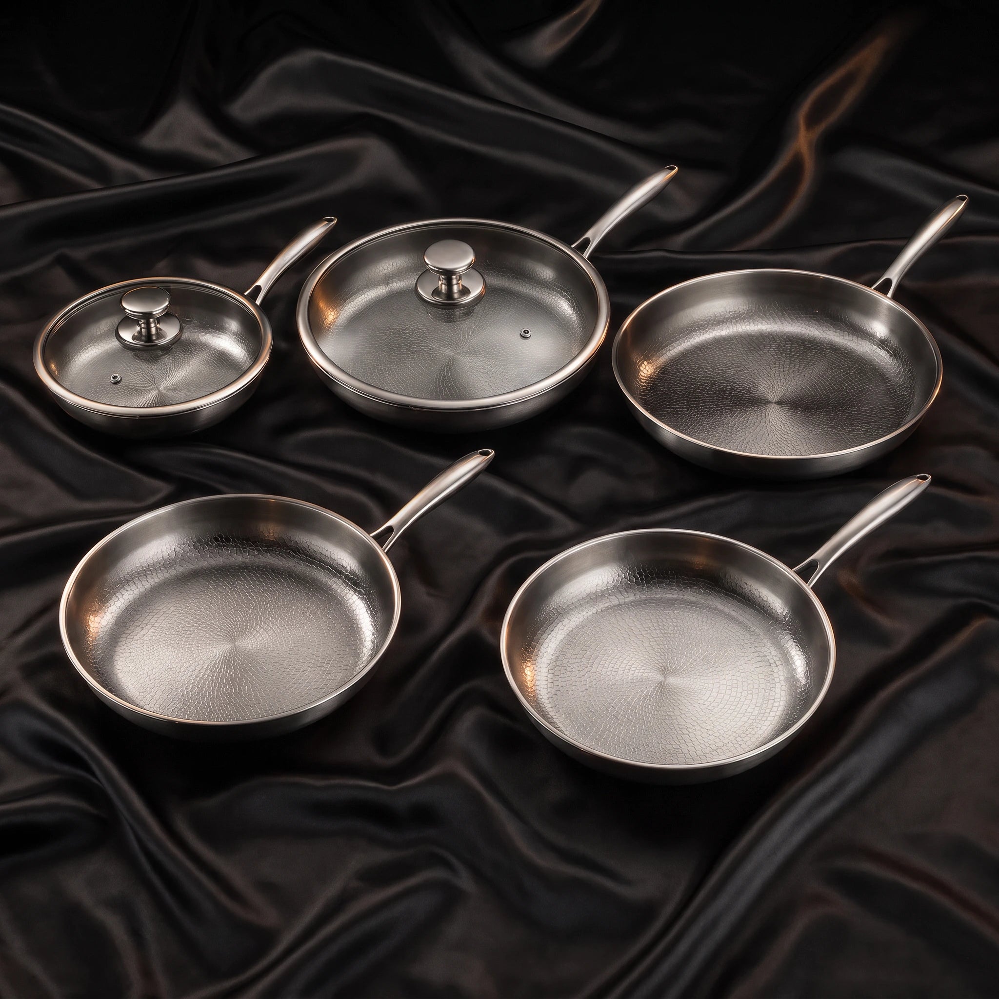 Hand-Hammered Titanium Frying Pan Bundle with 2 Lids (5 Sizes, 8–12 Inch)