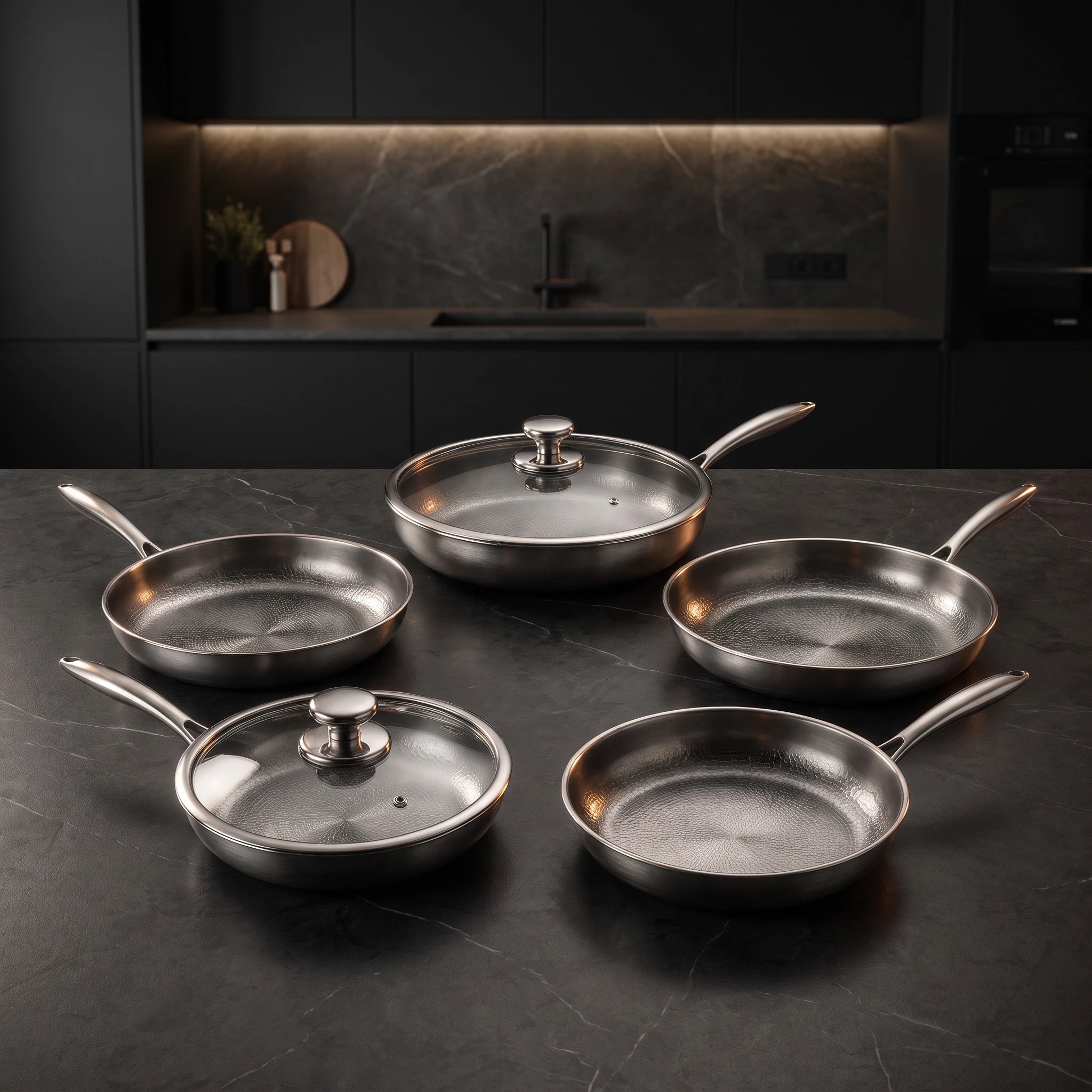 Hand-Hammered Titanium Frying Pan Bundle with 2 Lids (5 Sizes, 8–12 Inch)