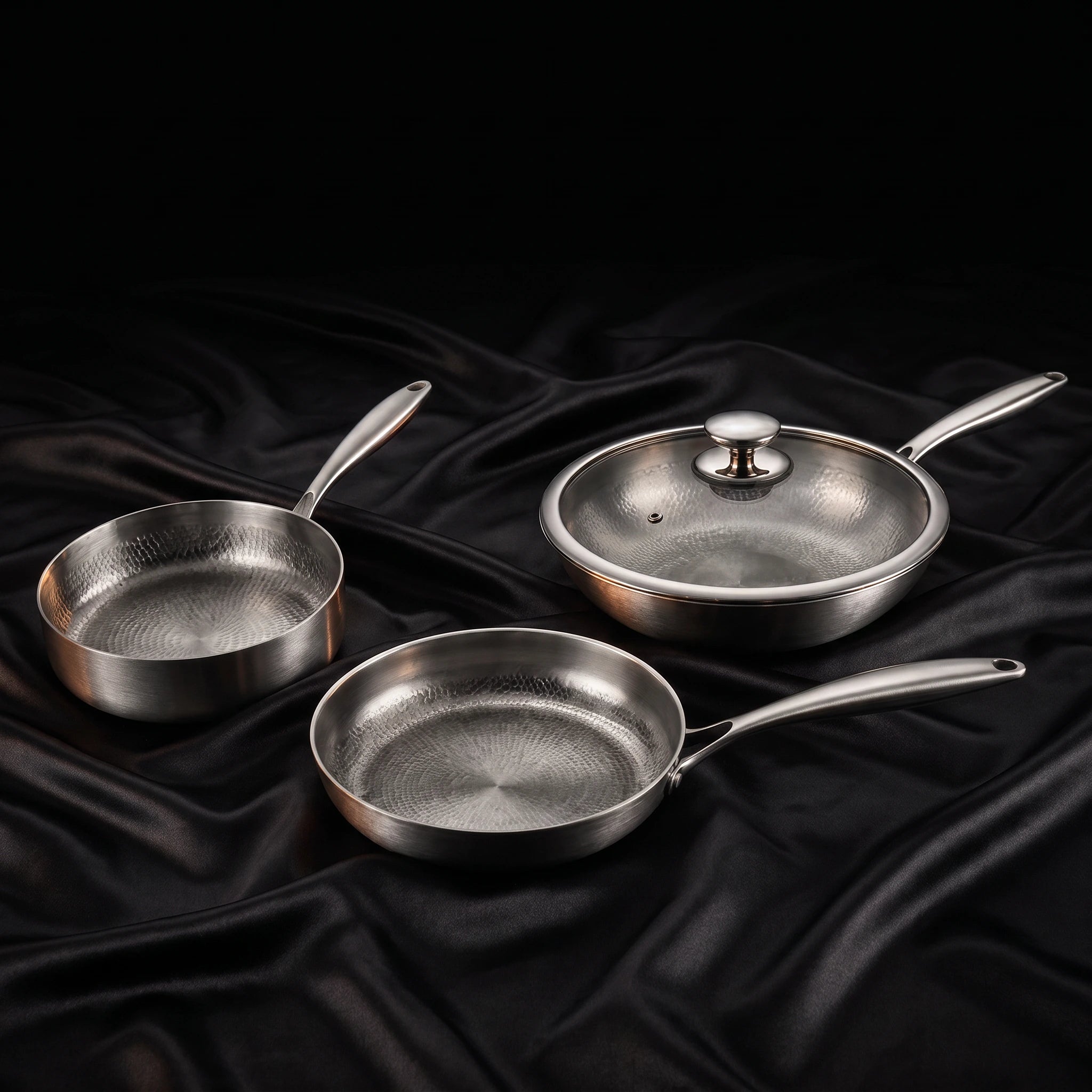 Hand-Hammered Titanium Stir-Fry Set with 1 Lid (8, 8 & 10 Inch)