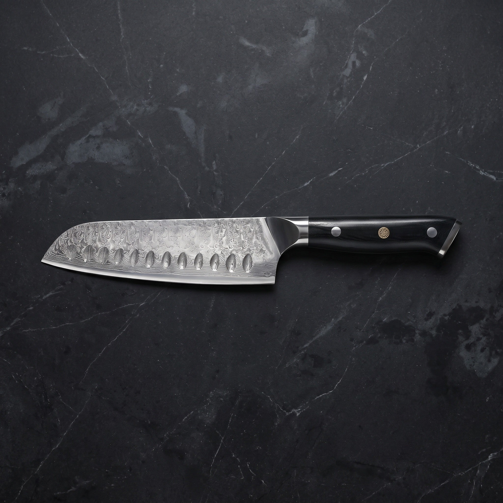 Genbu Santoku All-Purpose Knife – on the board