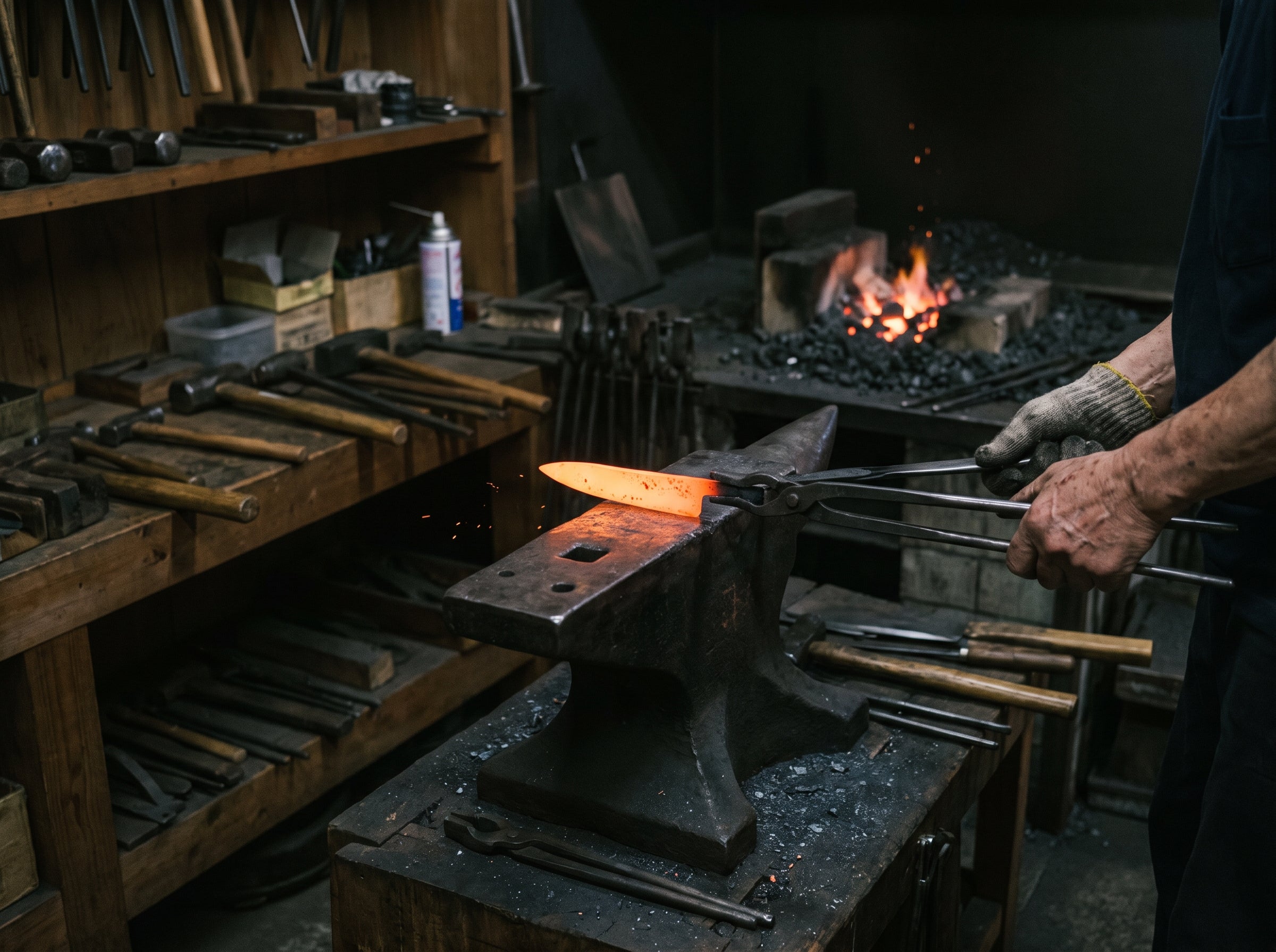 Glowing blade on the anvil in the Seki forge