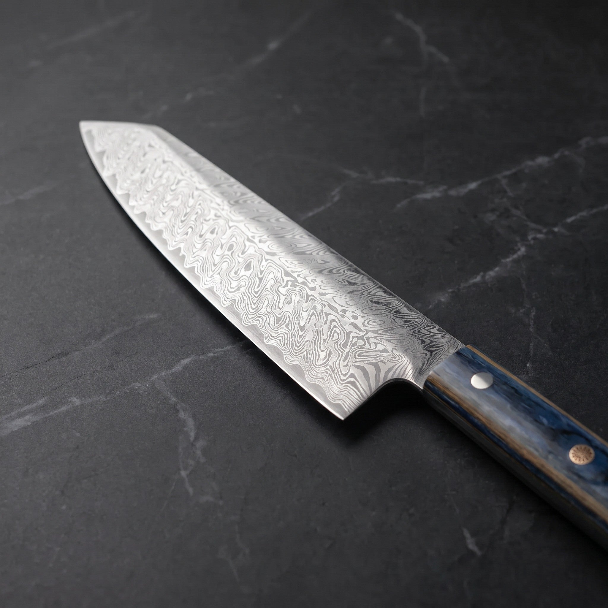 Suzaku Kiritsuke Chef-Slicer Knife, Blue Handle – blade detail